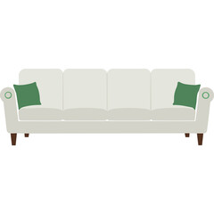 Light Gray Four Seater Sofa with Two Dark Green Throw Pillows on White Background Elegant Furniture Piece for Living Room Interior Design