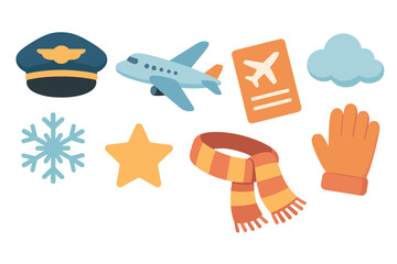 Travel essentials for winter getaway with airplane and accessories. Set of 6 Christmas vector illustration