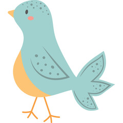 A charming light blue bird with orange belly and pink cheeks stands on thin orange legs against a white background a simple illustration with dots on its wings and tail feathers