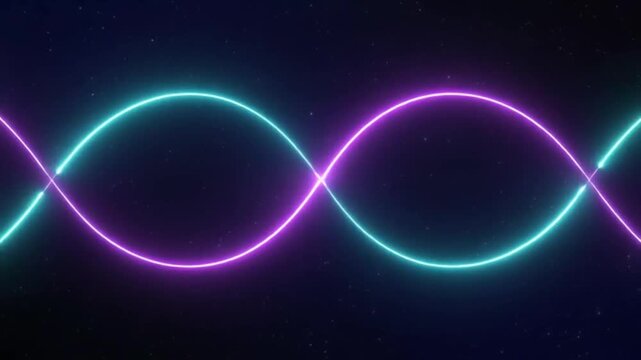 Two curved neon lines of turquoise and violet swim around each other in an infinity motion, forming the Pisces glyph. The motion is fluid and mesmerizing, glowing softly in deep space background