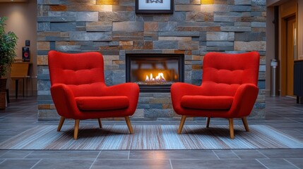 Red armchairs flanking fireplace