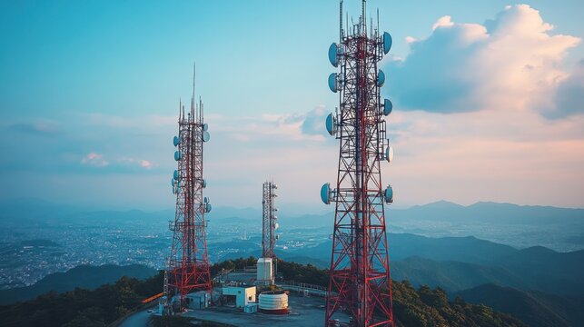 Red communication towers on a mountaintop overlooking a city