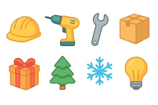 Tools and festive elements for DIY projects during holidays. Set of 6 Christmas vector illustration