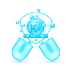 Blue menadione vitamin K3 in shield surrounded by atoms molecules float out of the open capsule on white background. Pill drug vitamins complex. For design dietary supplement products. 3D vector.
