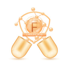 Orange linoleic acid vitamin F in shield surrounded by atoms molecules float out of the open capsule on white background. Pill drug vitamins complex. For design dietary supplement products. 3D vector.