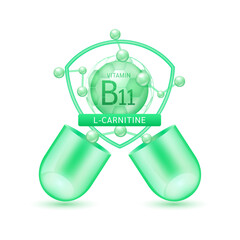 Green l carnitine vitamin B11 in shield surrounded by atoms molecules float out of the open capsule on white background. Pill drug vitamins complex. For design dietary supplement products. 3D vector.