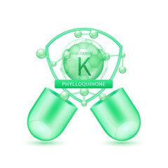 Green phylloquinone vitamin K in shield surrounded by atoms molecules float out of the open capsule on white background. Pill drug vitamins complex. For design dietary supplement products. 3D vector.
