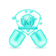 Green phylloquinone vitamin K1 in shield surrounded by atoms molecules float out of the open capsule on white background. Pill drug vitamins complex. For design dietary supplement products. 3D vector.