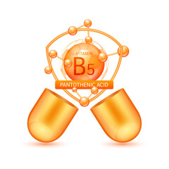 Orange pantothenic acid vitamin B5 in shield surrounded by atoms float out of the open capsule on white background. Pill drug vitamins complex. For design dietary supplement products. vector.