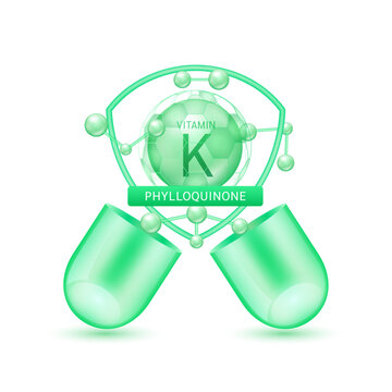 Green phylloquinone vitamin K in shield surrounded by atoms molecules float out of the open capsule on white background. Pill drug vitamins complex. For design dietary supplement products. 3D vector.