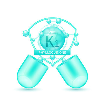 Green phylloquinone vitamin K1 in shield surrounded by atoms molecules float out of the open capsule on white background. Pill drug vitamins complex. For design dietary supplement products. 3D vector.