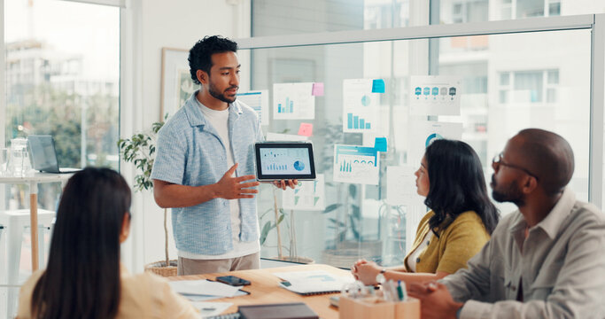 Tablet, paperwork and man with business people with charts, kpi research and data analysis. Presentation, startup team and workers with tech, statistics and website review for digital marketing - Powered by Adobe