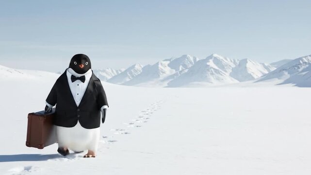 A formally dressed penguin with a suitcase walks through a snowy landscape