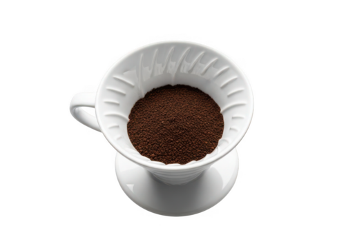 Freshly ground coffee beans ready for brewing in a sleek ceramic pour-over dripper
