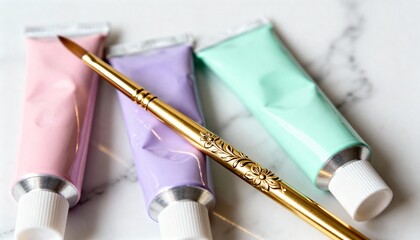 Pastel paint tubes and an ornate gold paintbrush on a marble surface. Creative art supplies for painting and hobbies. Still life composition with copy space