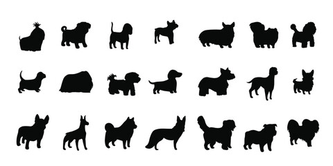 Cute dogs, puppies of different breeds set. Canine animals, diverse big and little doggies. Poodle, dachshund, dalmatian and jack russell terrier. Flat vector illustration isolated on white background