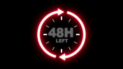 24 hours clock with circle arrow and the numbers 48 Hour left. video animation on alpha channel background, Clock timer, time passage waiting time animation (4K). 48 Hour Countdown timer. Clock icon. 
