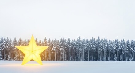 Large Yellow Illuminated Star Decoration Standing in a Snowy Field Against a Backdrop of Frosty Pine Trees