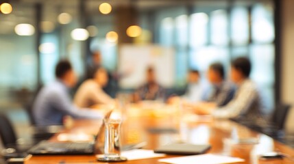 Blur office meeting blurred background with business people working group in boardroom discussion for teamwork brainstorming, executive seminar or professional training in small startup enterprise