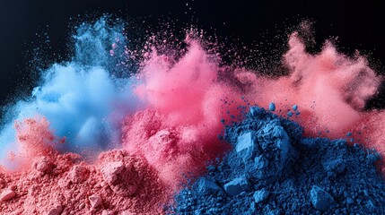Pink and blue powder exploding upward against a dark background