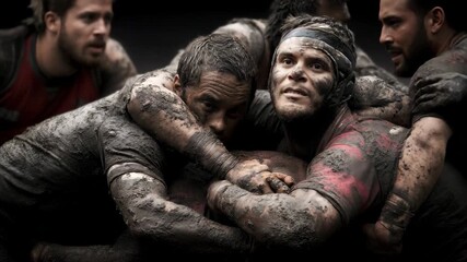 Intense rugby match in muddy field showcases athletes' strength and determination during competitive play - Powered by Adobe