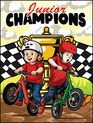 Happy kids playing balance bike available for poster design