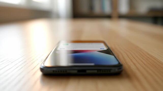 Smartphone lying flat on a wooden surface displaying a notification alert with a blurred background creating a sense of anticipation and connectivity in the digital age