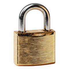 Close up shot of a gold colored padlock with a silver shackle on a black isolated background image