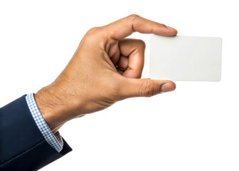 Hand holding blank white credit card against white background