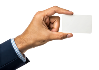 Hand holding blank white credit card against white background