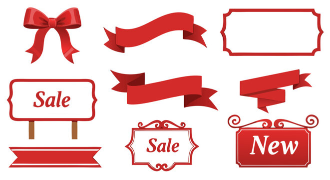 Red banner vector collection with blank sale labels, Christmas celebration award decoration, and ribbon shape design set illustration