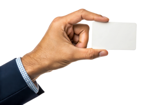 Hand holding blank white credit card against white background