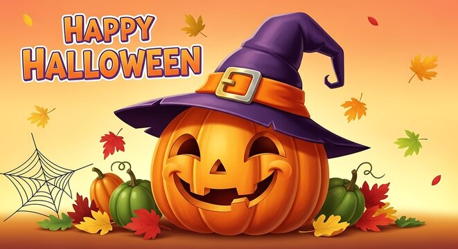 Happy halloween pumpkin with witch hat and autumn leaves illustration