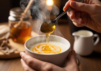 Cozy breakfast Quick Recipe showing a great Food Hacks tip of drizzling golden honey from a spoon into a steaming hot bowl of porridge for a healthy meal