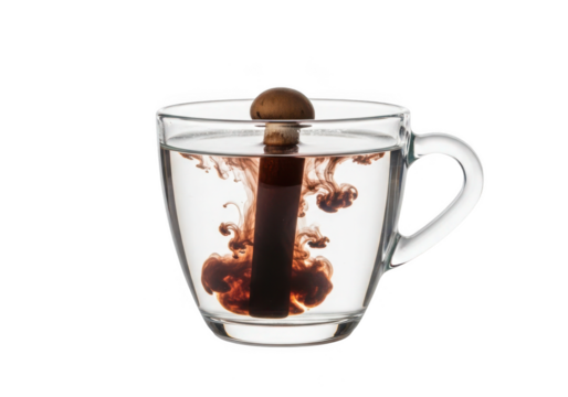 Herbal infusion steeping in clear glass mug, creating rich swirling patterns of natural wellness