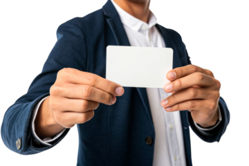 Man in Suit Holding Blank Card