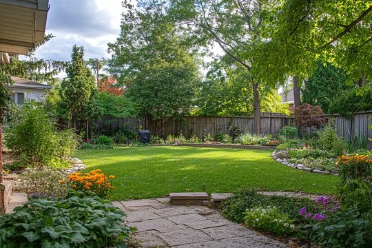 Backyard garden with lush greenery, patio, and manicured lawn
