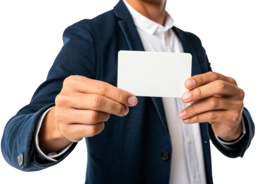 Man in Suit Holding Blank Card