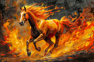 Horse galloping through flames in a dramatic display of power and energy