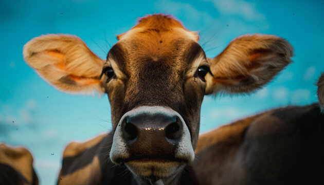 Cow face close up with soft depth of field blue sky background brown fur large ears gentle expression outdoor farm animal portrait natural light rural scene
