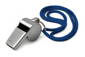 Metal whistle with a blue lanyard. Object used by coaches, referees, and instructors for sports, safety, and attention