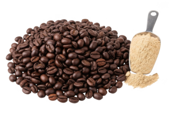 Rich roasted coffee beans spill near scoop of fine powder, perfect for brewing inspiration