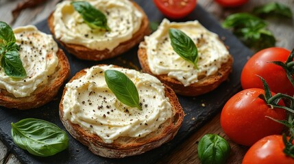 Toasted bread rounds topped with creamy spread, basil, tomatoes on slate board