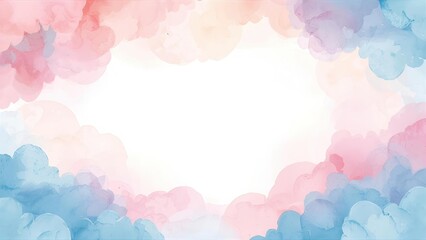 Cute Watercolor Clouds Border. Abstract Pastel Frame with Blue and Pink Splashes. Soft Hand-Painted Background for Baby Shower Invitation