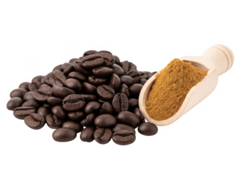 Rich roasted coffee beans beside a wooden scoop filled with finely ground coffee powder