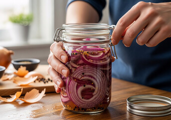 A person prepares a quick recipe for pickled red onions, a fantastic example of useful food hacks for homemade preserving in a glass jar