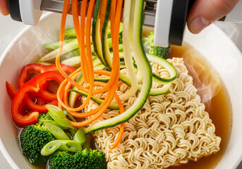 A perfect quick recipe for a healthy lunch. Explore brilliant food hacks by adding fresh spiralized vegetable noodles like zucchini and carrots to a simple bowl of ramen