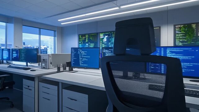 Modern IT Control Room Interior with Multiple Monitors Displaying Code and Data, Overlooking Cityscape