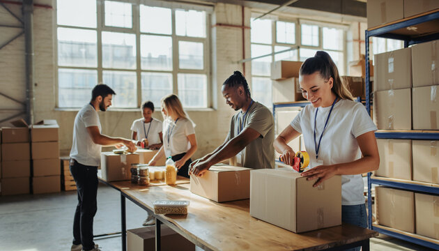 Volunteers packing food boxes for community donation in bright warehouse, teamwork and cheerful atmosphere, diverse group organizing supplies for charity support - Powered by Adobe