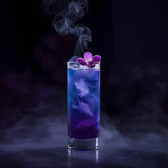 Purple cocktail with smoke and orchid isolated on black background